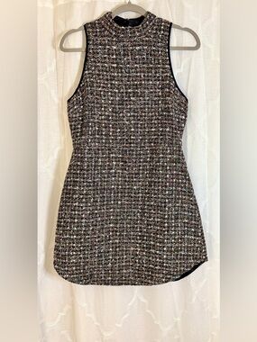 Lulus Black Multi Tweed Sleeveless Dress Size L High Neck Mini Chic